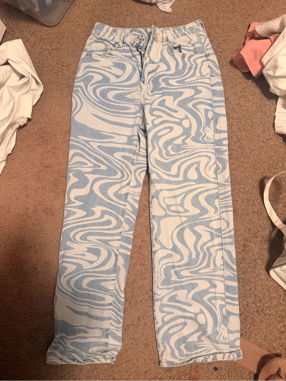 SHEIN Light Blue and White Swirl Straight Leg Jeans